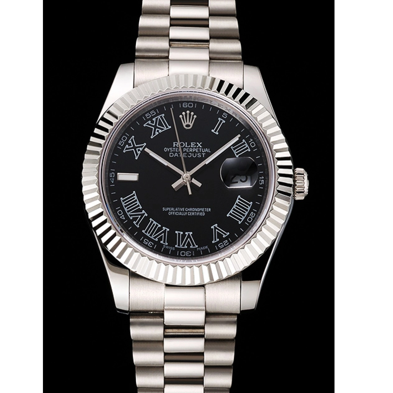 Aaa replica watch Numerals And Black Datejust Rolex Bracelet Steel Case Swiss Stainless Roman Dial 0819
